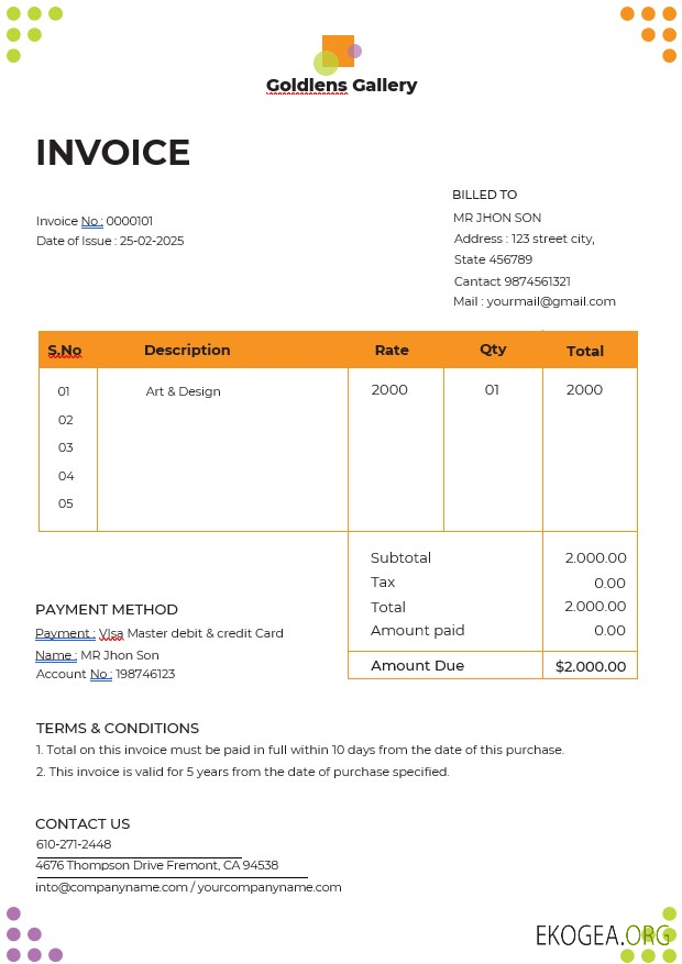 Modèle de facture de galerie d'art photo